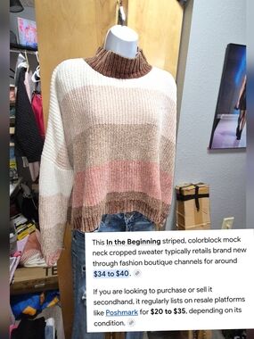 Striped Colorblock Mock Neck Cropped Sweater - Cream, Pink & Brown